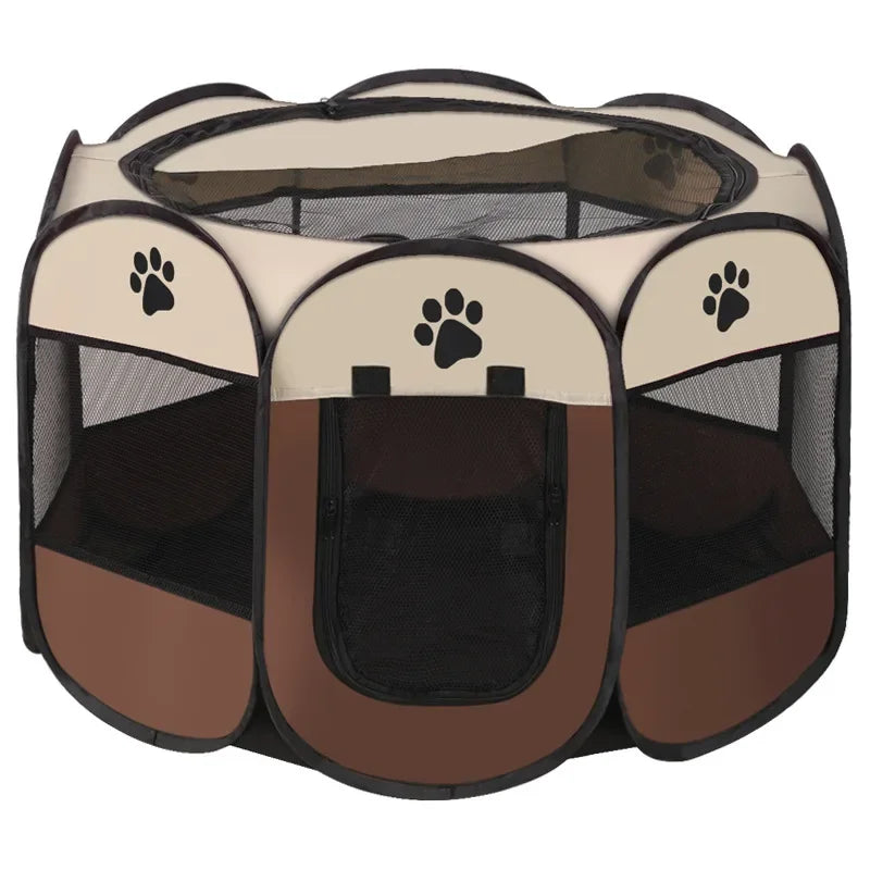 Foldable Pet Tent Kennel Cat Delivery Room Octagonal Fence Puppy Shelter Detachable Summer Pet Tent Outdoor Cat Cage Dog Fences White and Coffee