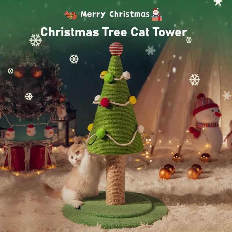 Christmas Cat Tree Tower with Scratching Post & Ball