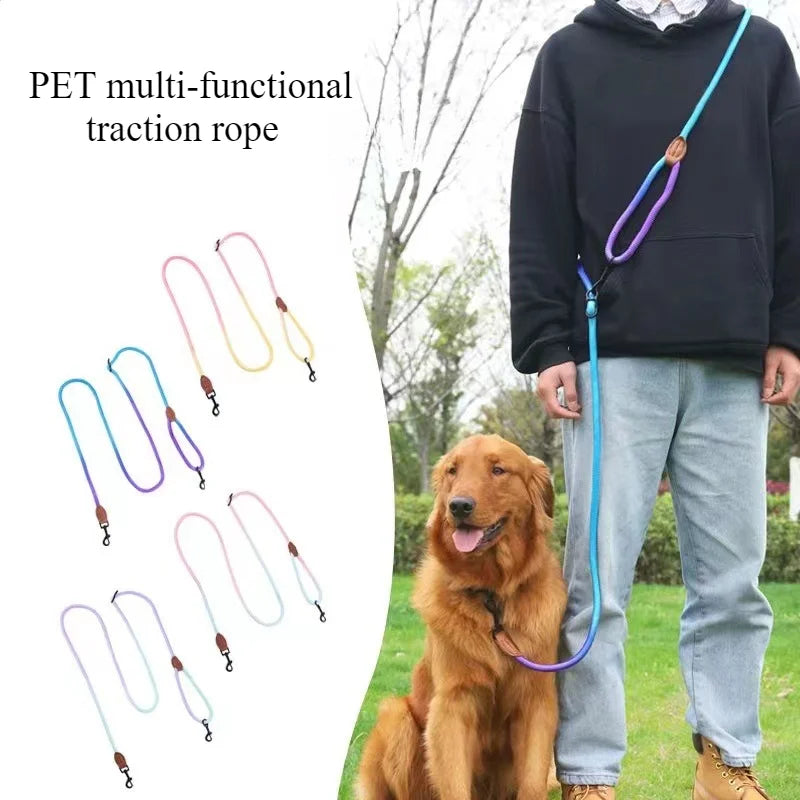 1pc Colorful Gradient Dog Leash, Multifunctional Dog Round Rope Dog Slip Leash Hands-free Crossbody Dog Walking Leash